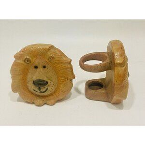 Vintage Lion Napkin Rings Stoneware Zoo Holders  Ceramic Safari Animals Pottery